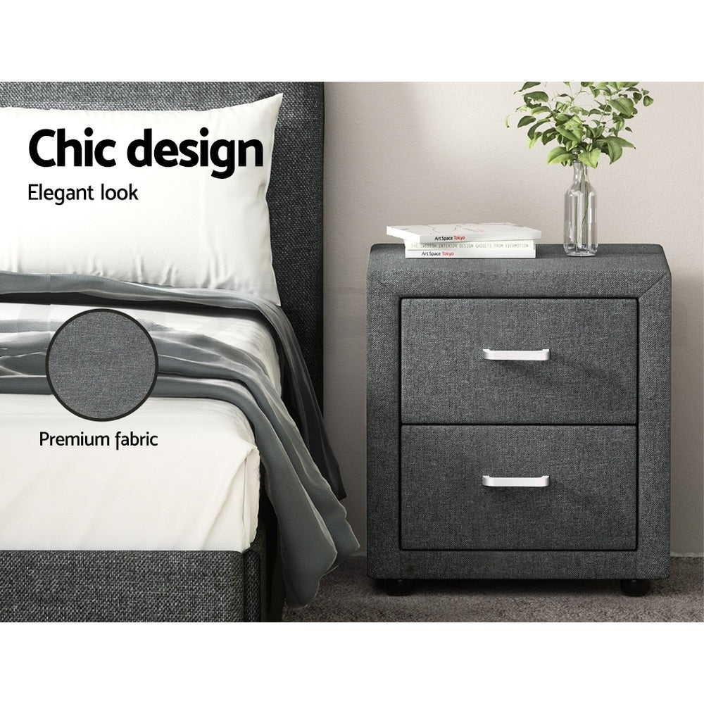 Set of 2 Kildonan Bedside Tables Side Table Fabric with 2 Drawers - Grey