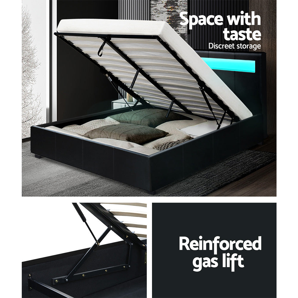 Boston LED Bed Frame Leather Gas Lift Storage - Black Double