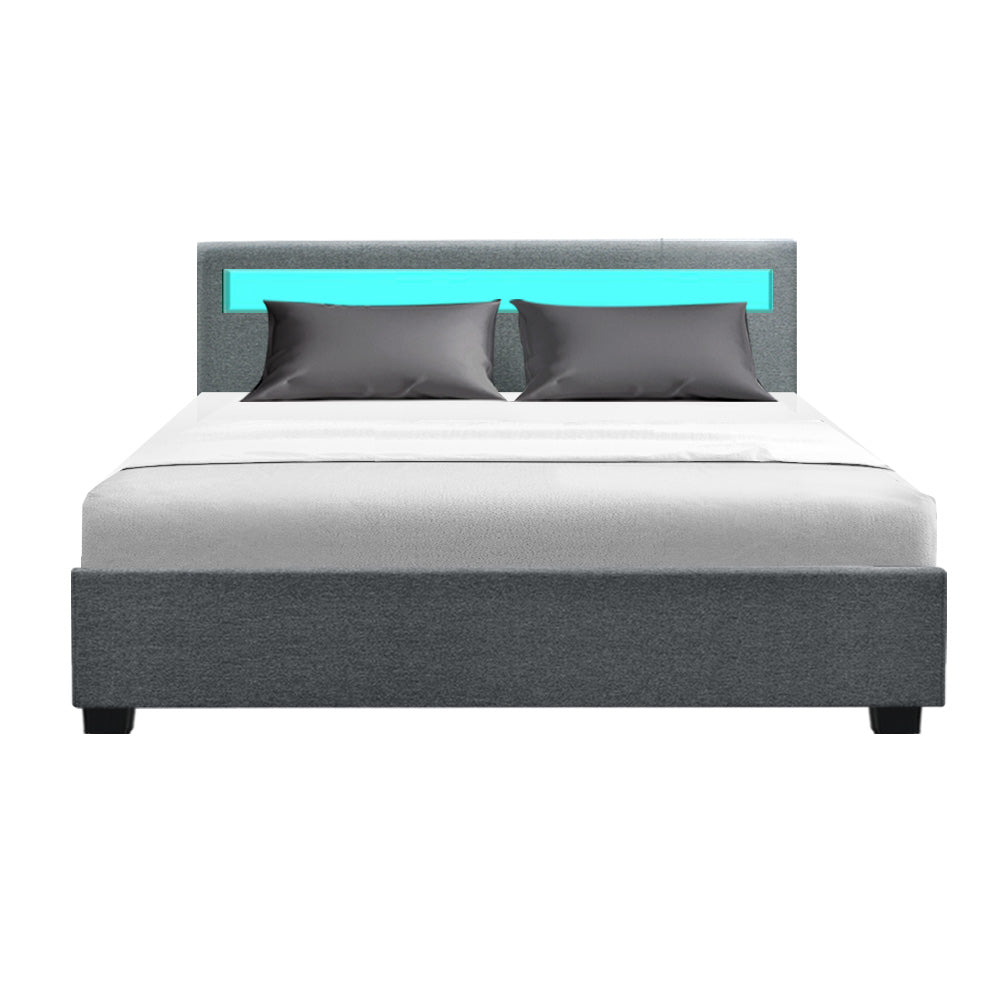 Boston LED Bed Frame Fabric Gas Lift Storage - Grey Queen