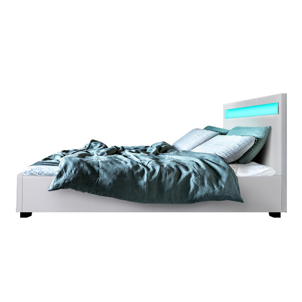 Boston LED Bed Frame PU Leather Gas Lift Storage - White Queen