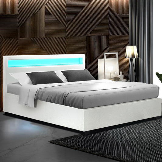 Boston LED Bed Frame PU Leather Gas Lift Storage - White Queen