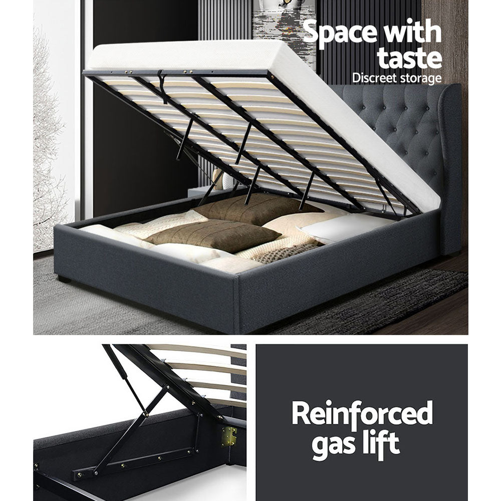 Lucca Bed Frame Fabric Gas Lift Storage - Charcoal King