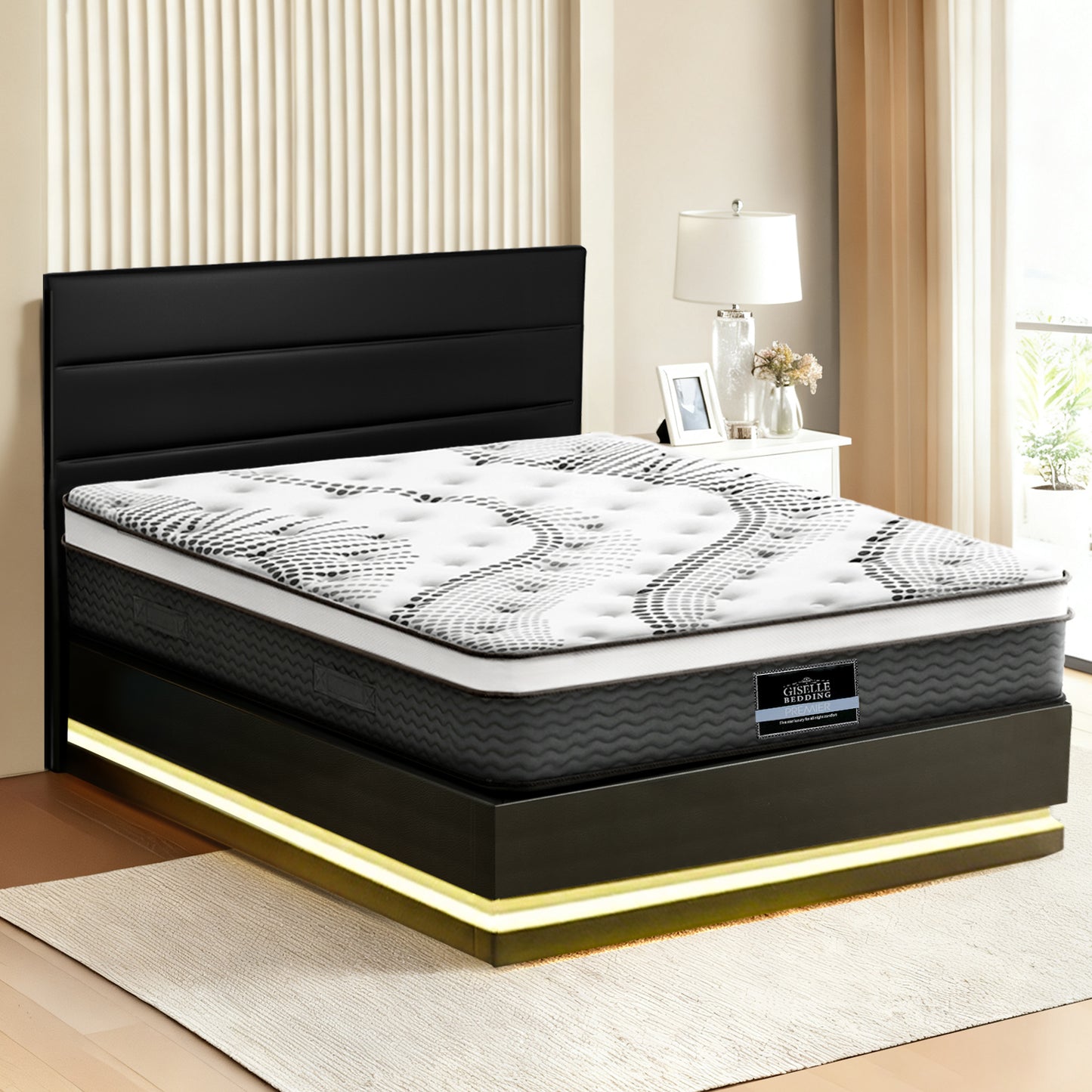Venus Bed & Mattress Package with 32cm Mattress RGB LED - Black Queen