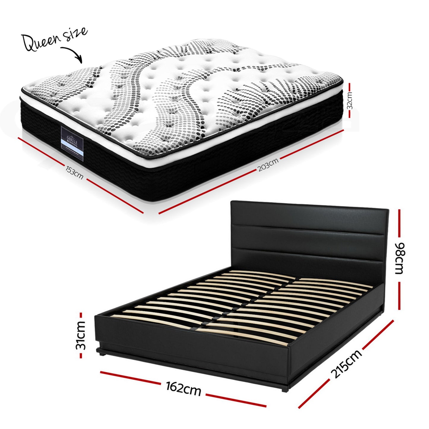 Venus Bed & Mattress Package with 32cm Mattress RGB LED - Black Queen