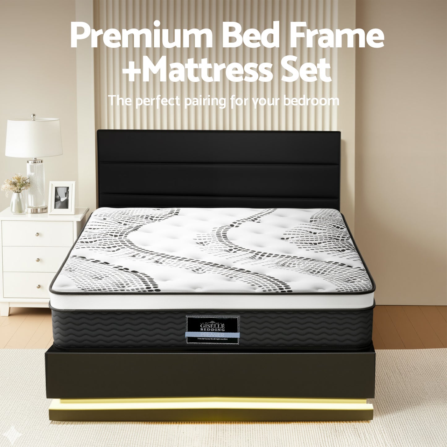 Venus Bed & Mattress Package with 32cm Mattress RGB LED - Black Queen
