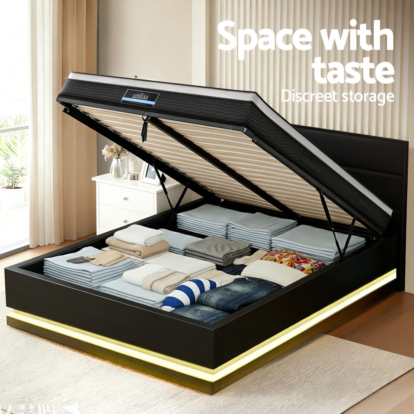 Venus Bed & Mattress Package with 32cm Mattress RGB LED - Black Queen