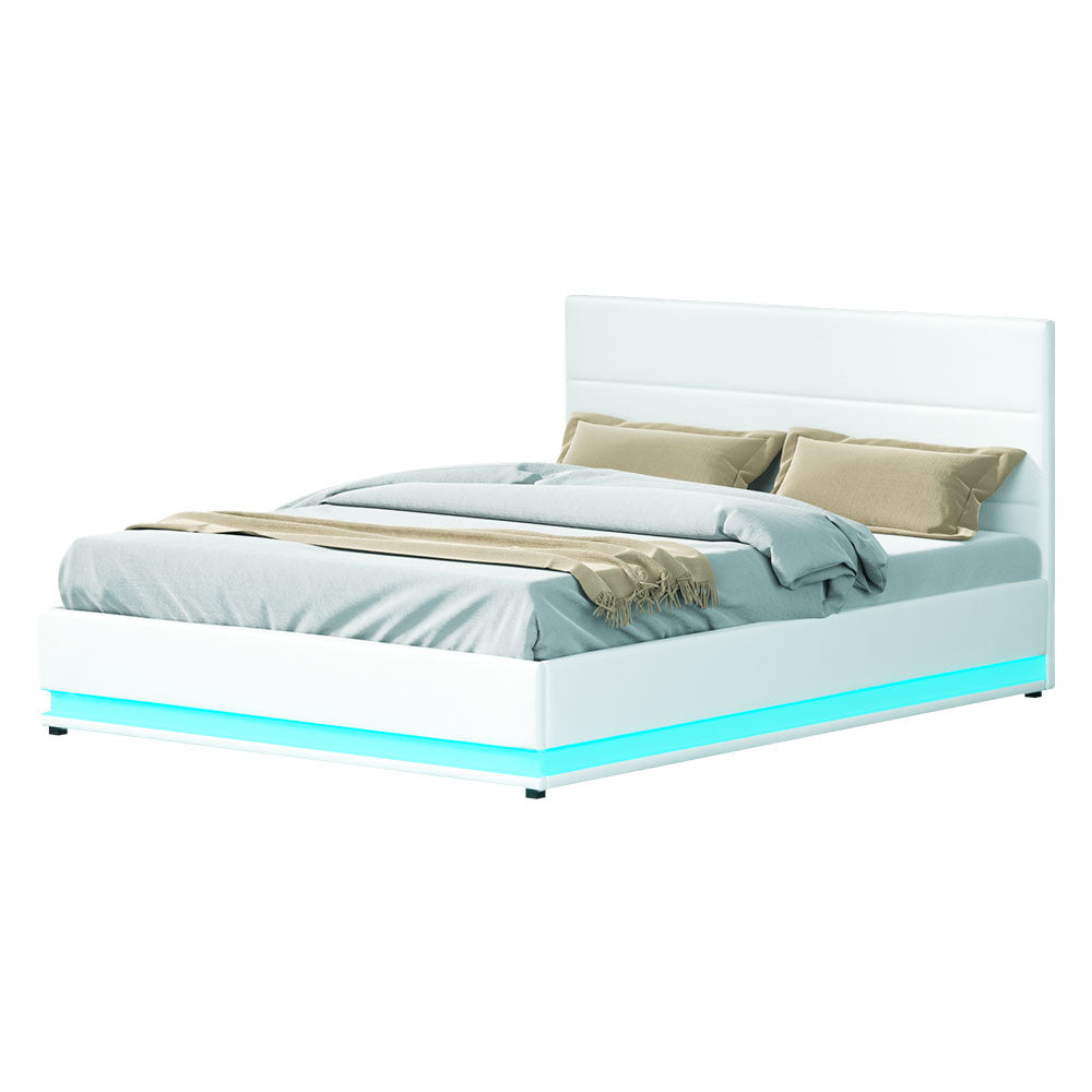 Azalea LED Bed Frame PU Leather Gas Lift Storage - White Queen