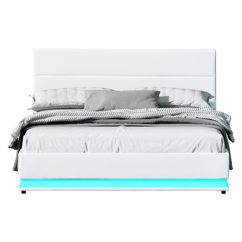 Azalea LED Bed Frame PU Leather Gas Lift Storage - White Queen
