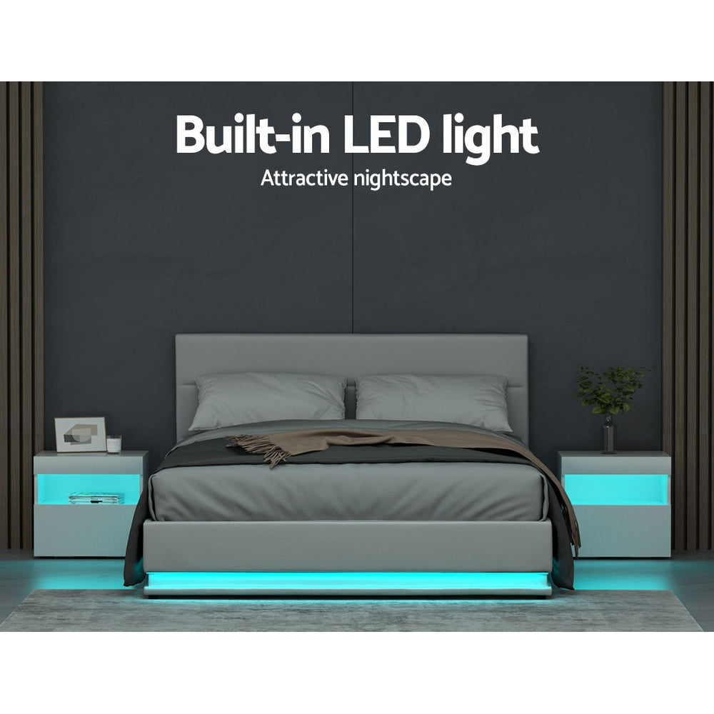 Azalea LED Bed Frame PU Leather Gas Lift Storage - White Queen