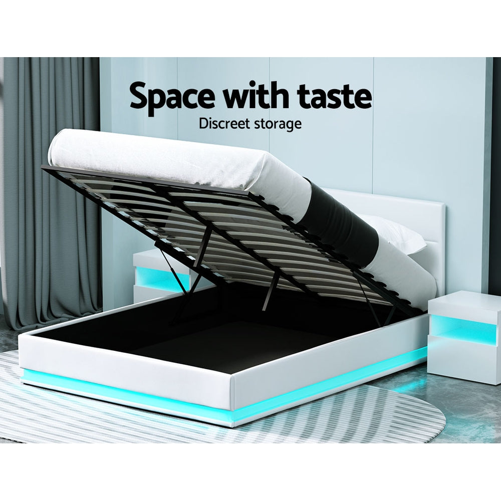 Azalea LED Bed Frame PU Leather Gas Lift Storage - White Queen