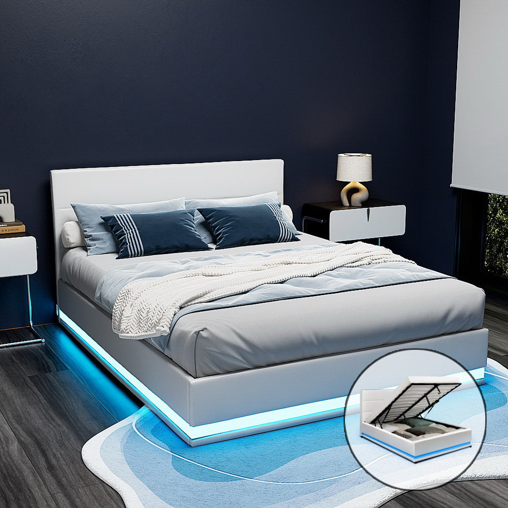 Azalea LED Bed Frame PU Leather Gas Lift Storage - White Queen