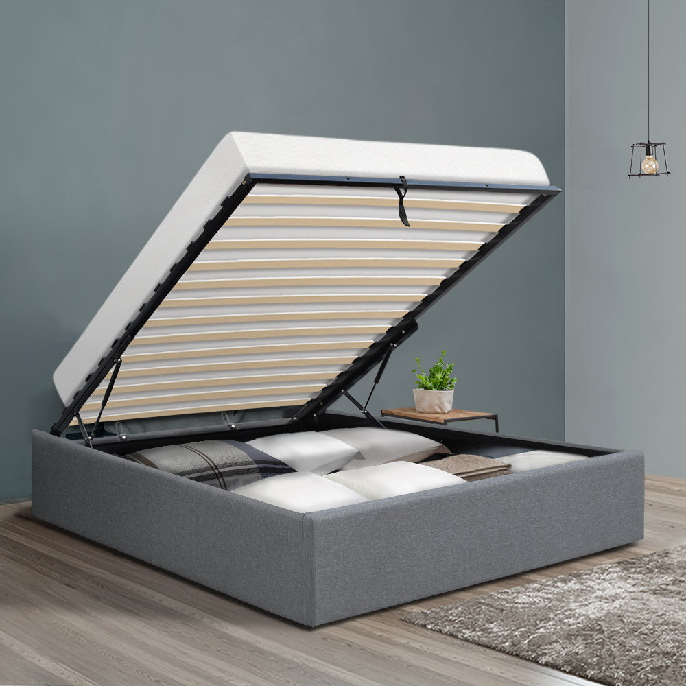 Mimosa Gas Lift Bed Frame Base With Storage Platform Fabric - Grey King Single