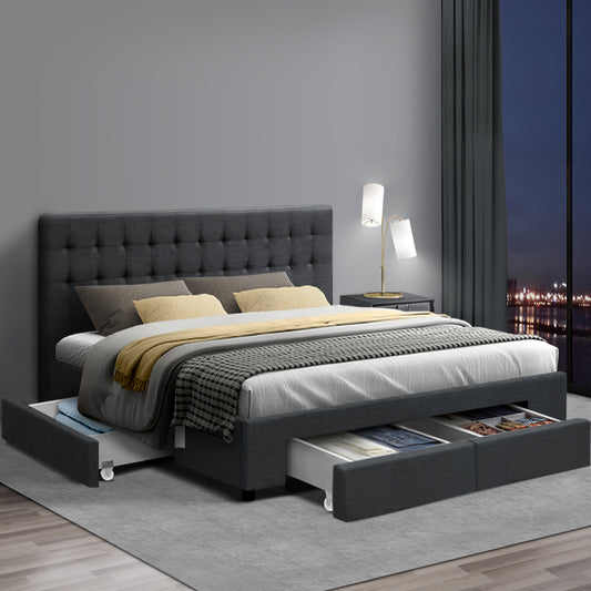 Venice Premium Faux Linen Fabric Bed Frame with Storage Drawers - Charcoal King