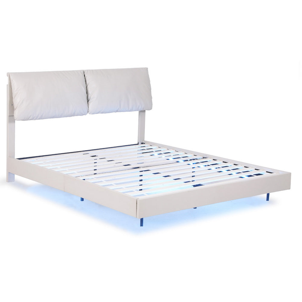 Velora Bed Frame RGB LED Floating Beds Adjustable Headboard - Beige White Double