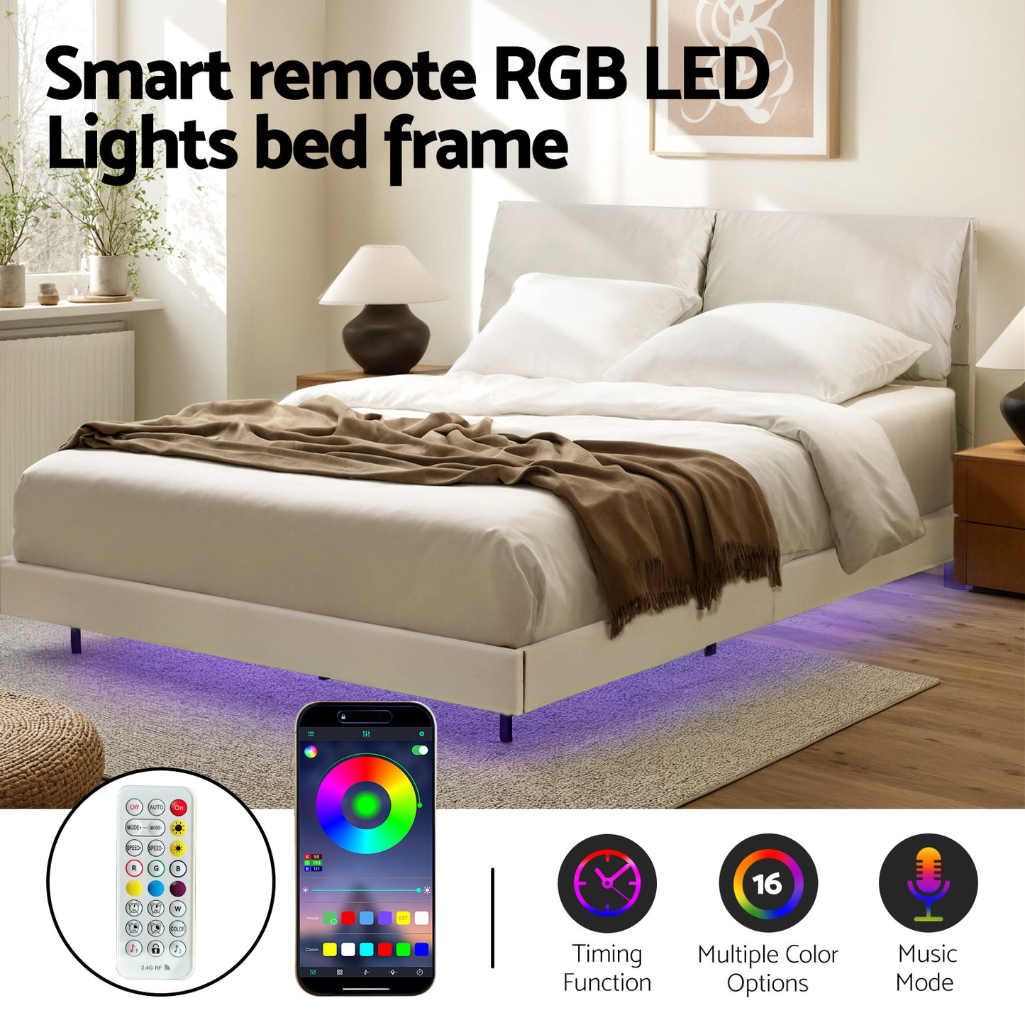 Velora Bed Frame RGB LED Floating Beds Adjustable Headboard - Beige White Double