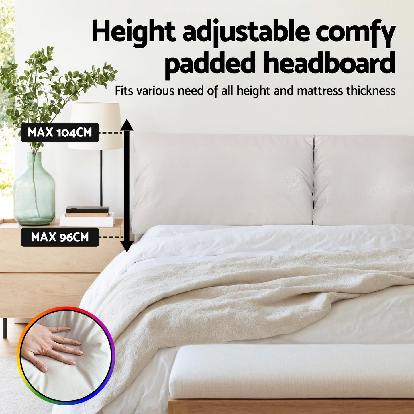 Velora Bed Frame RGB LED Floating Beds Adjustable Headboard - Beige White Double