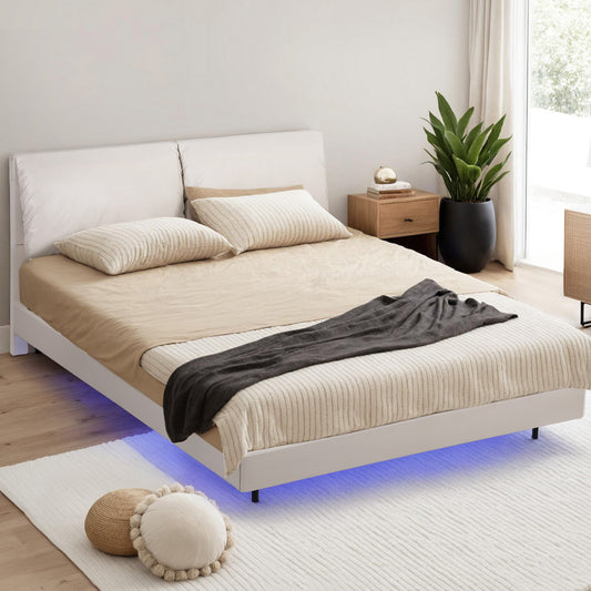 Velora Bed Frame RGB LED Floating Beds Adjustable Headboard - Beige White Double