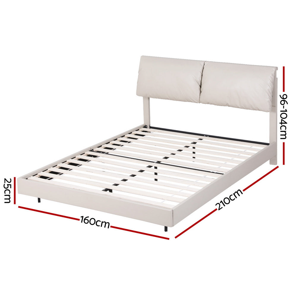 Velora Bed Frame RGB LED Floating Beds Adjustable Headboard - Beige White Queen