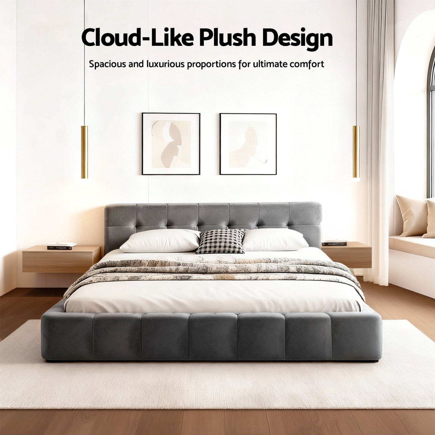 Novara Bed Frame Plush Soft Headboard Velvet Platform Base - Grey Double