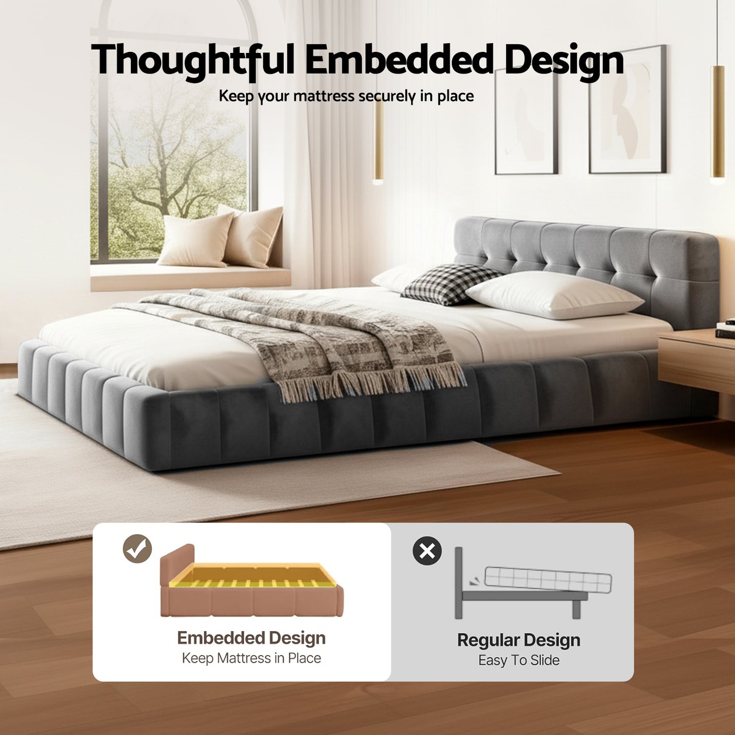 Novara Bed Frame Plush Soft Headboard Velvet Platform Base - Grey Double