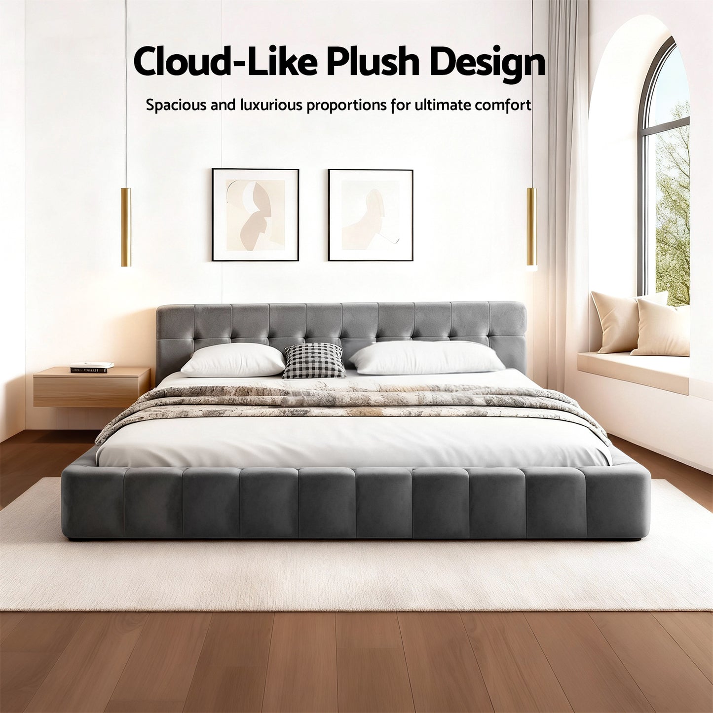 Novara Bed Frame Plush Soft Headboard Velvet Platform Base for Modern Bedrooms - Grey King