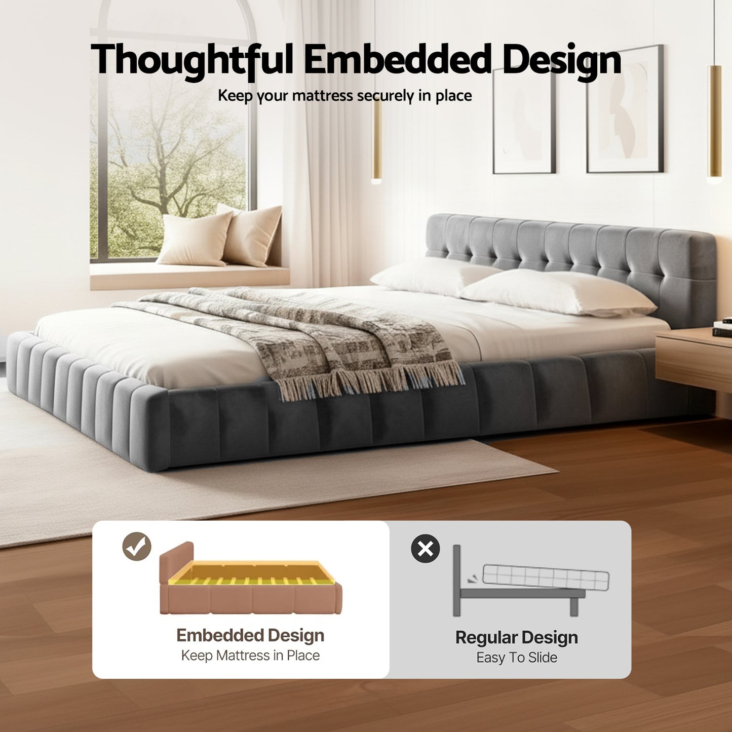 Novara Bed Frame Plush Soft Headboard Velvet Platform Base for Modern Bedrooms - Grey King