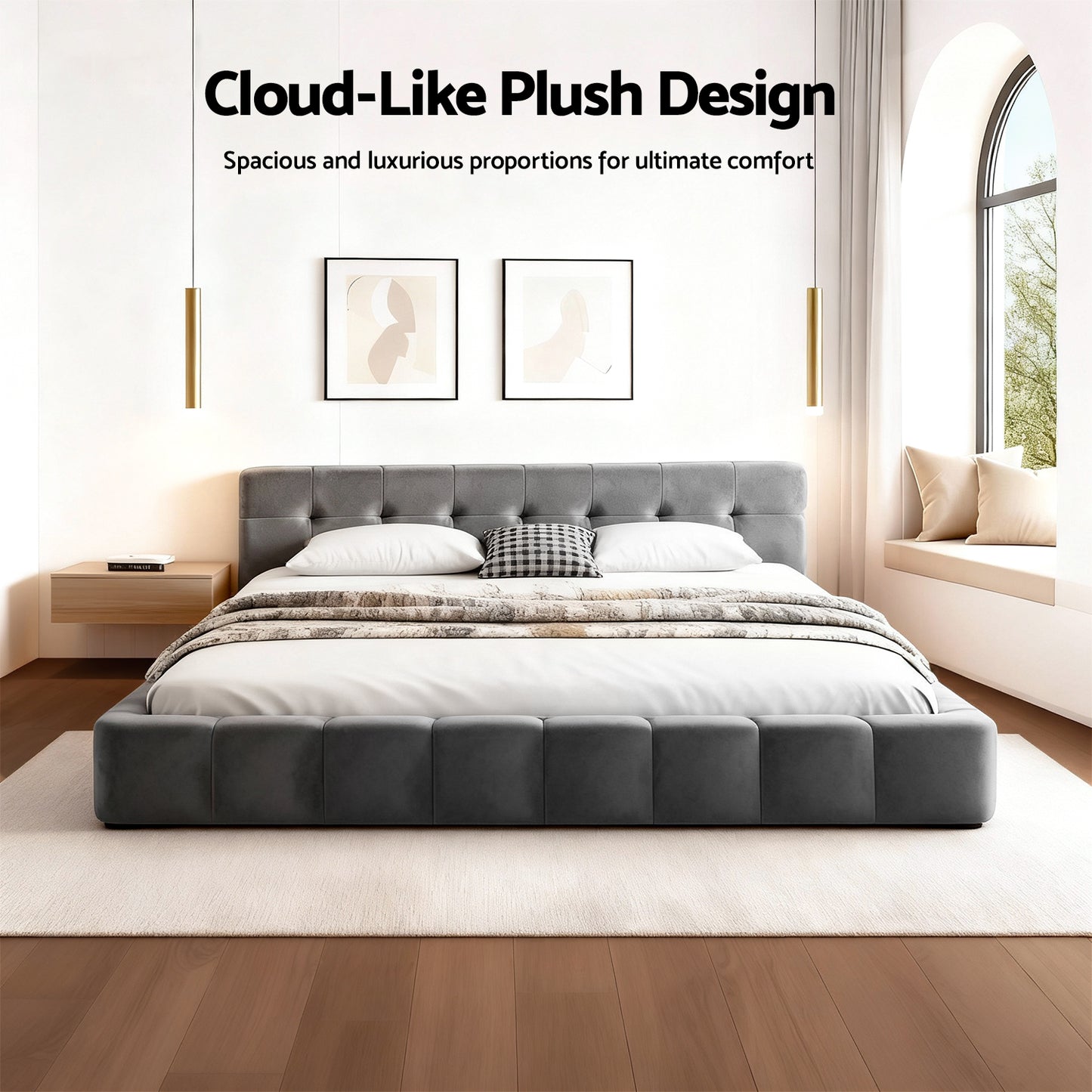 Novara Bed Frame Plush Soft Headboard Velvet Platform Base - Grey Queen