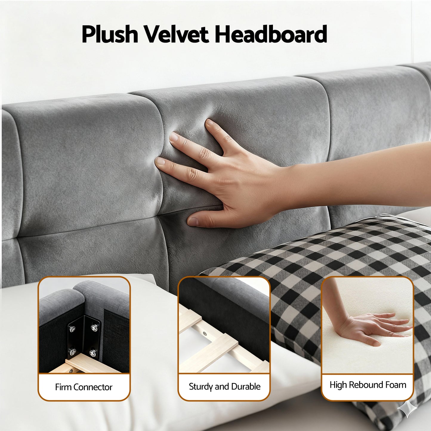 Novara Bed Frame Plush Soft Headboard Velvet Platform Base - Grey Queen