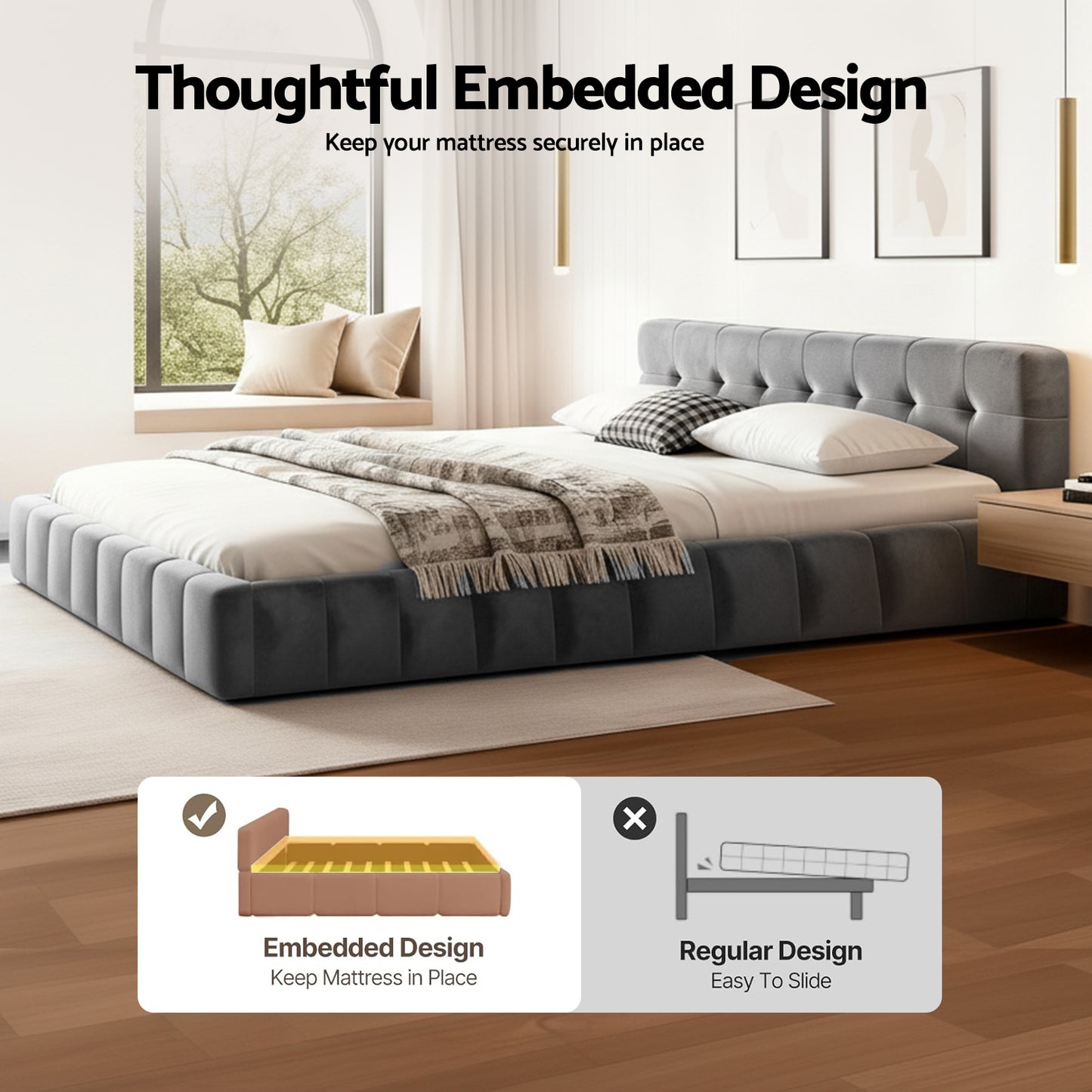 Novara Bed Frame Plush Soft Headboard Velvet Platform Base - Grey Queen