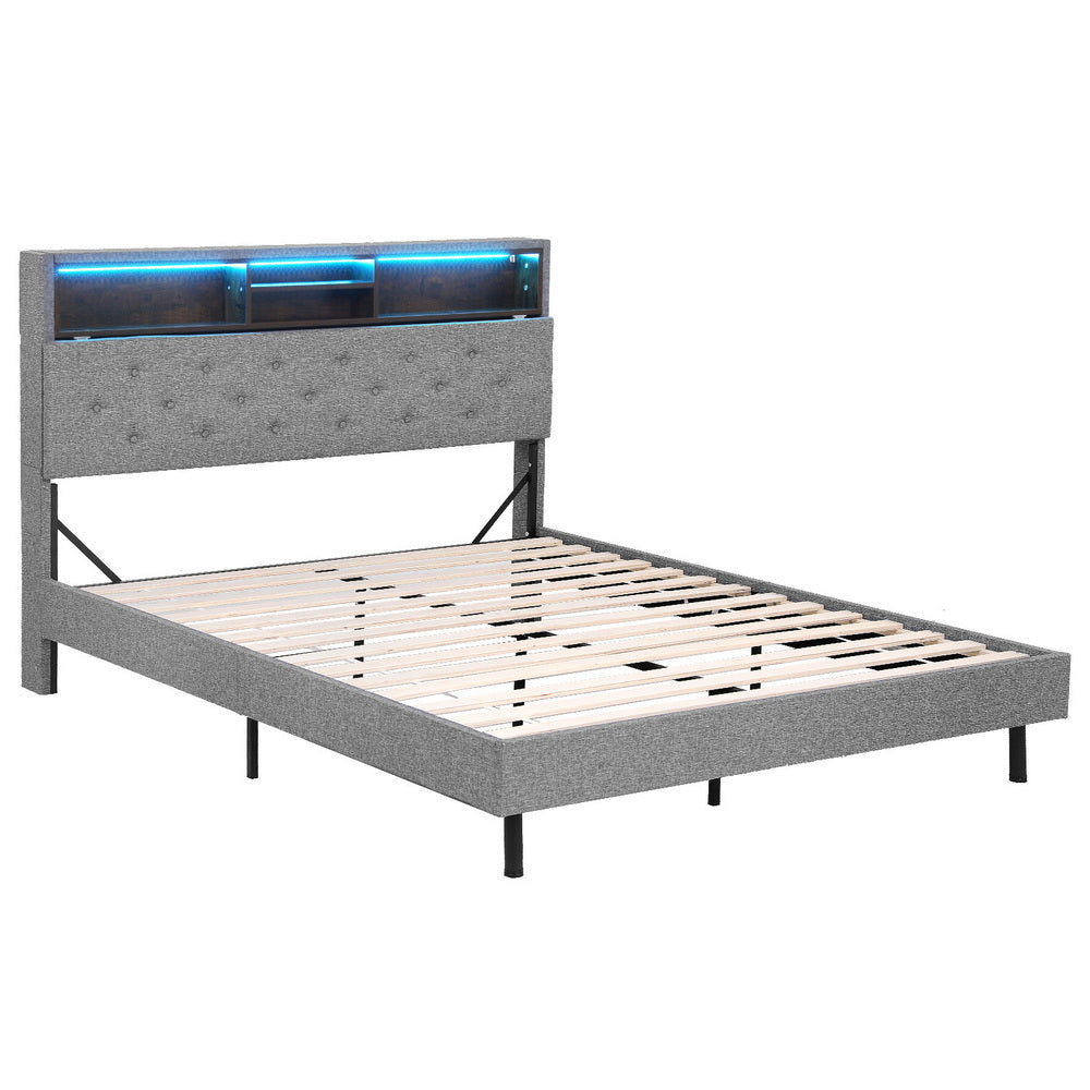 Solenne Bed Frame LED Base Platform with Storage Shelf Hidden Storage Box - Grey Double