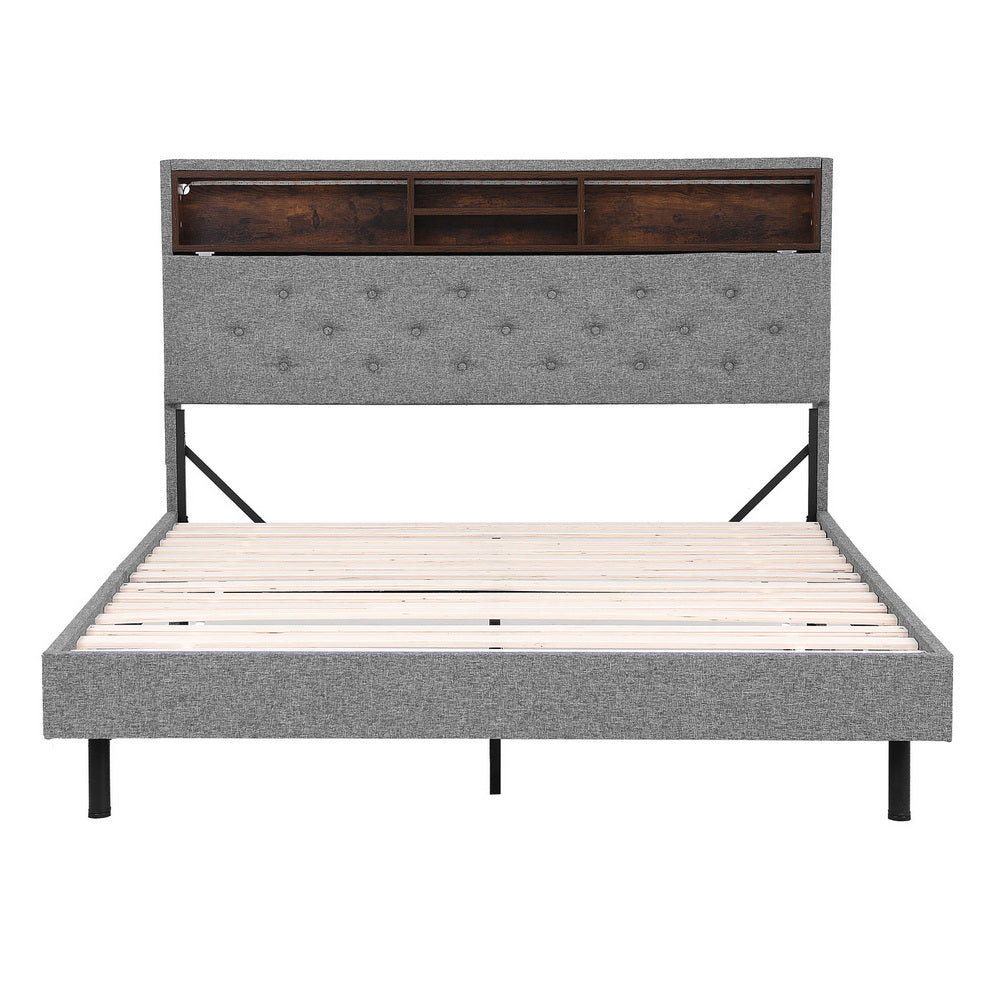 Solenne Bed Frame LED Base Platform with Storage Shelf Hidden Storage Box - Grey Double