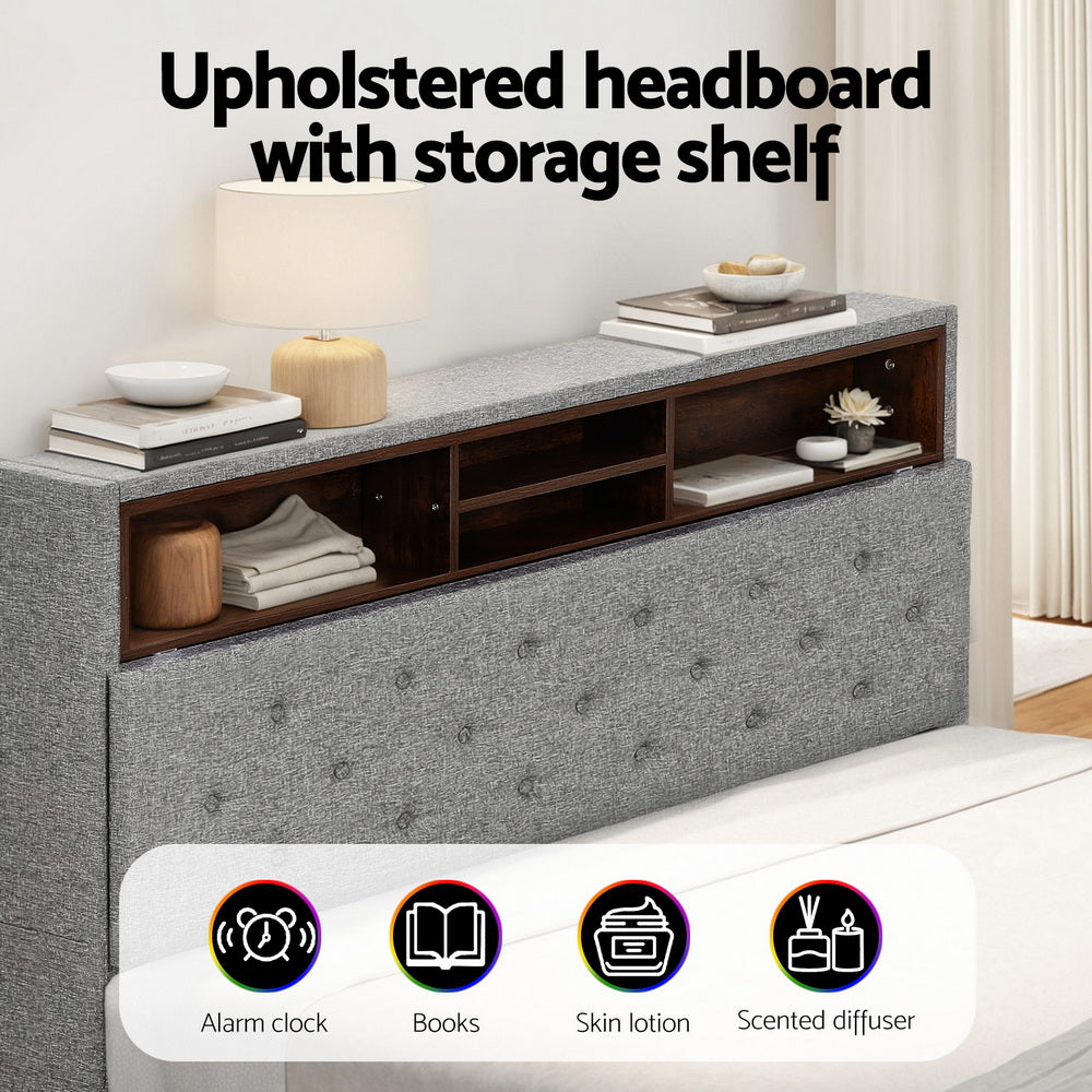 Solenne Bed Frame LED Base Platform with Storage Shelf Hidden Storage Box - Grey Double