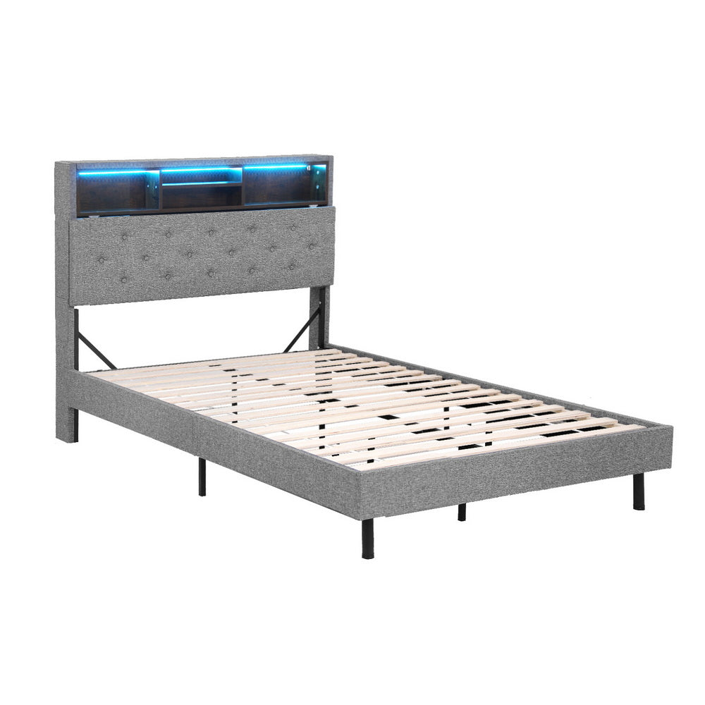 Solenne Bed Frame LED Base Platform with Storage Shelf Hidden Storage Box - Grey King Single
