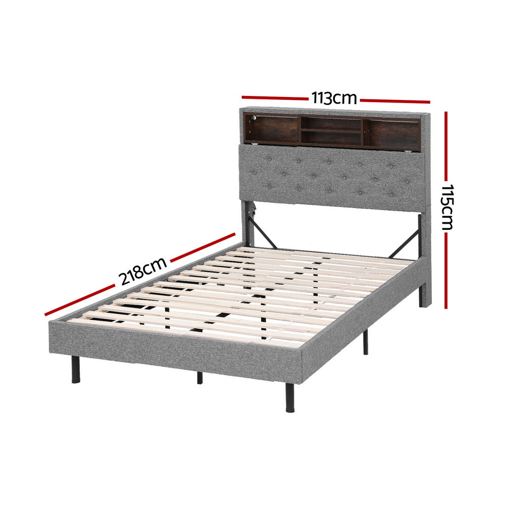 Solenne Bed Frame LED Base Platform with Storage Shelf Hidden Storage Box - Grey King Single