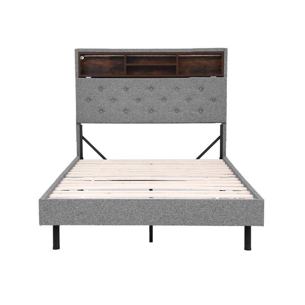 Solenne Bed Frame LED Base Platform with Storage Shelf Hidden Storage Box - Grey King Single