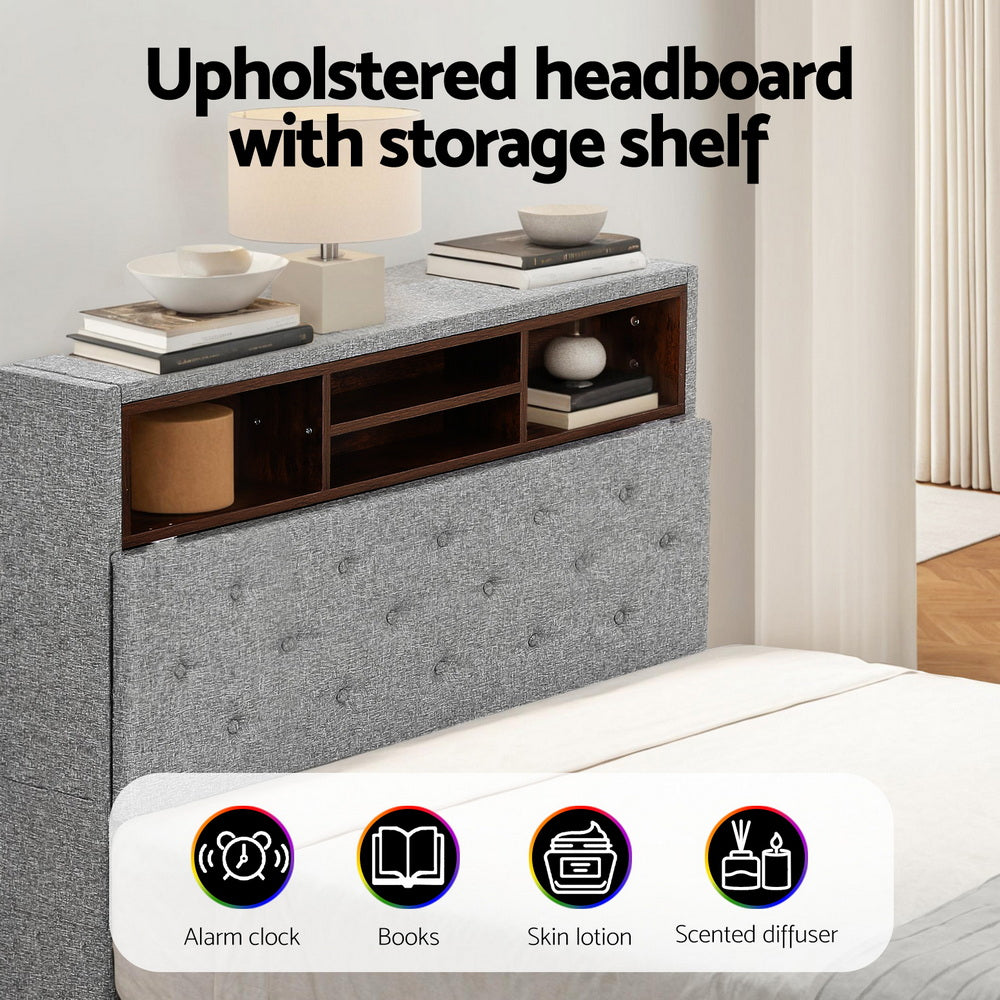 Solenne Bed Frame LED Base Platform with Storage Shelf Hidden Storage Box - Grey King Single