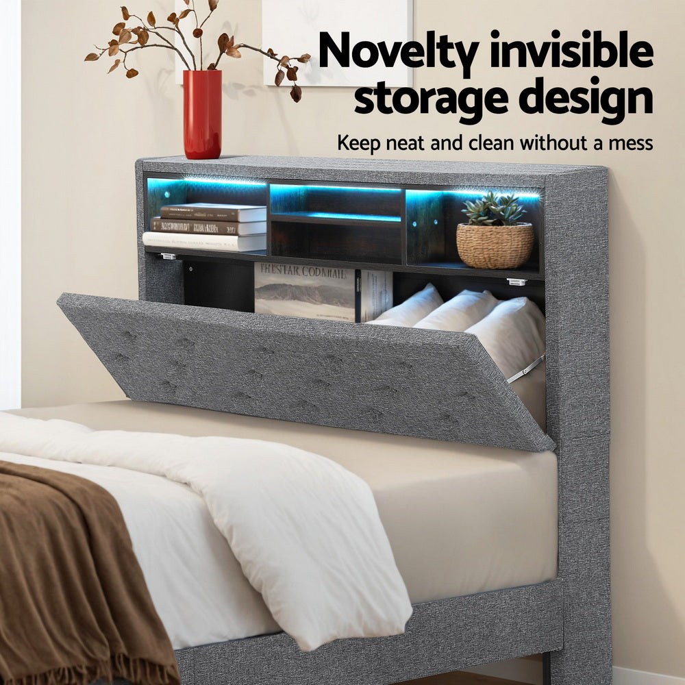 Solenne Bed Frame LED Base Platform with Storage Shelf Hidden Storage Box - Grey King Single