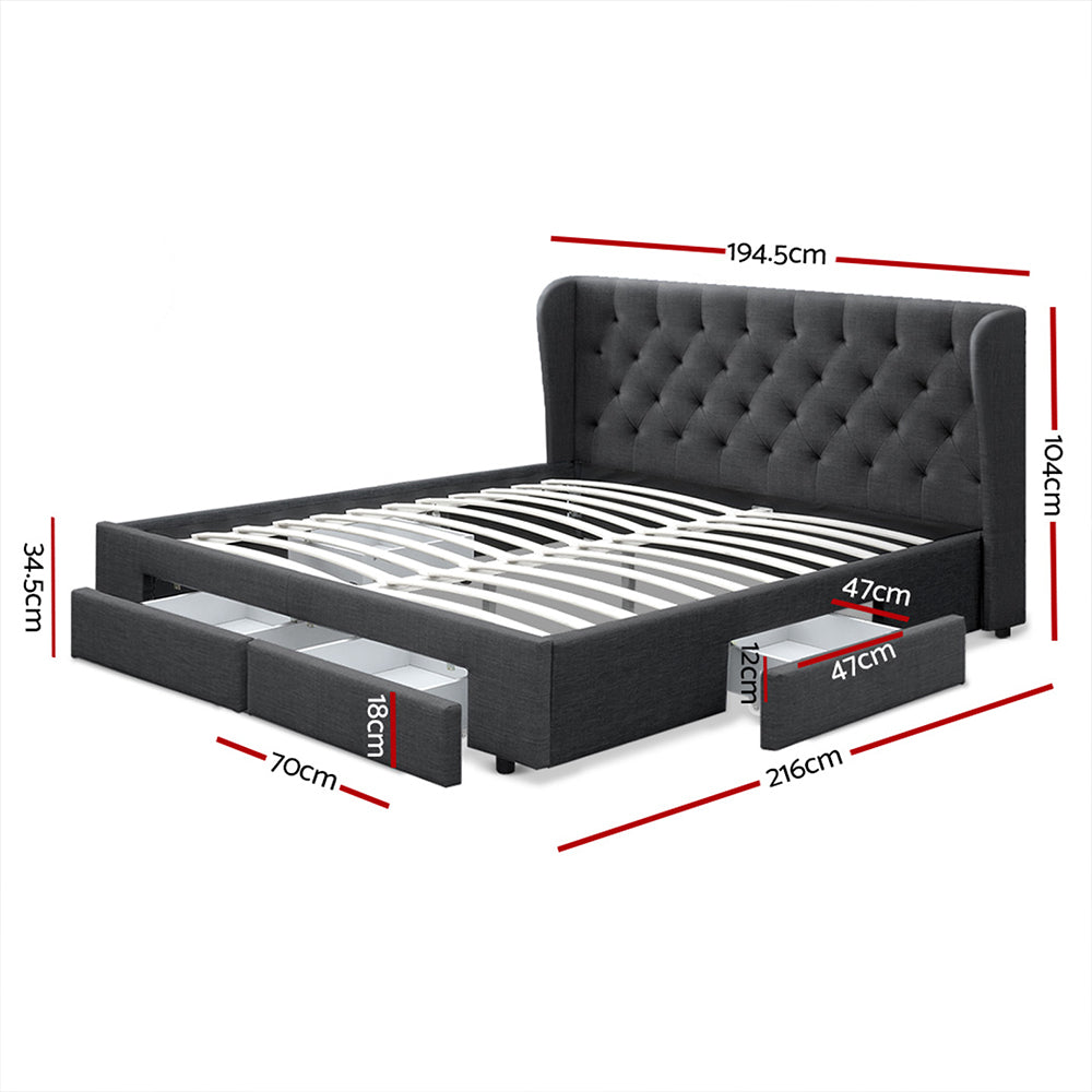 Dakota Bed Frame Storage Drawers Fabric - Charcoal King