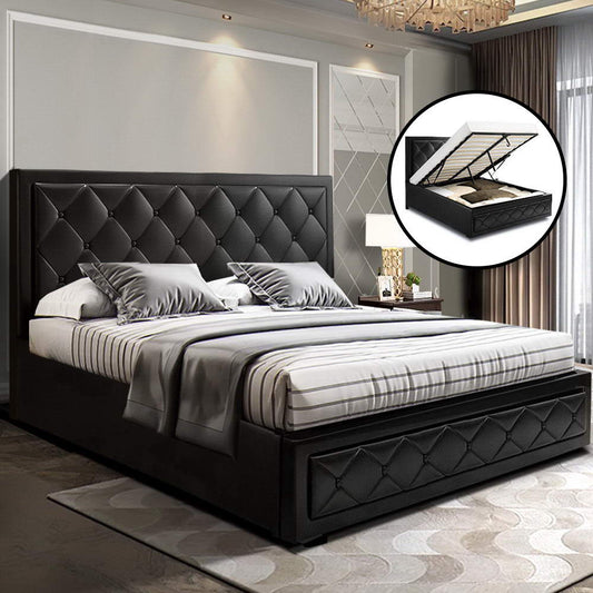 Savannah Bed Frame PU Leather Gas Lift Storage - Black Double