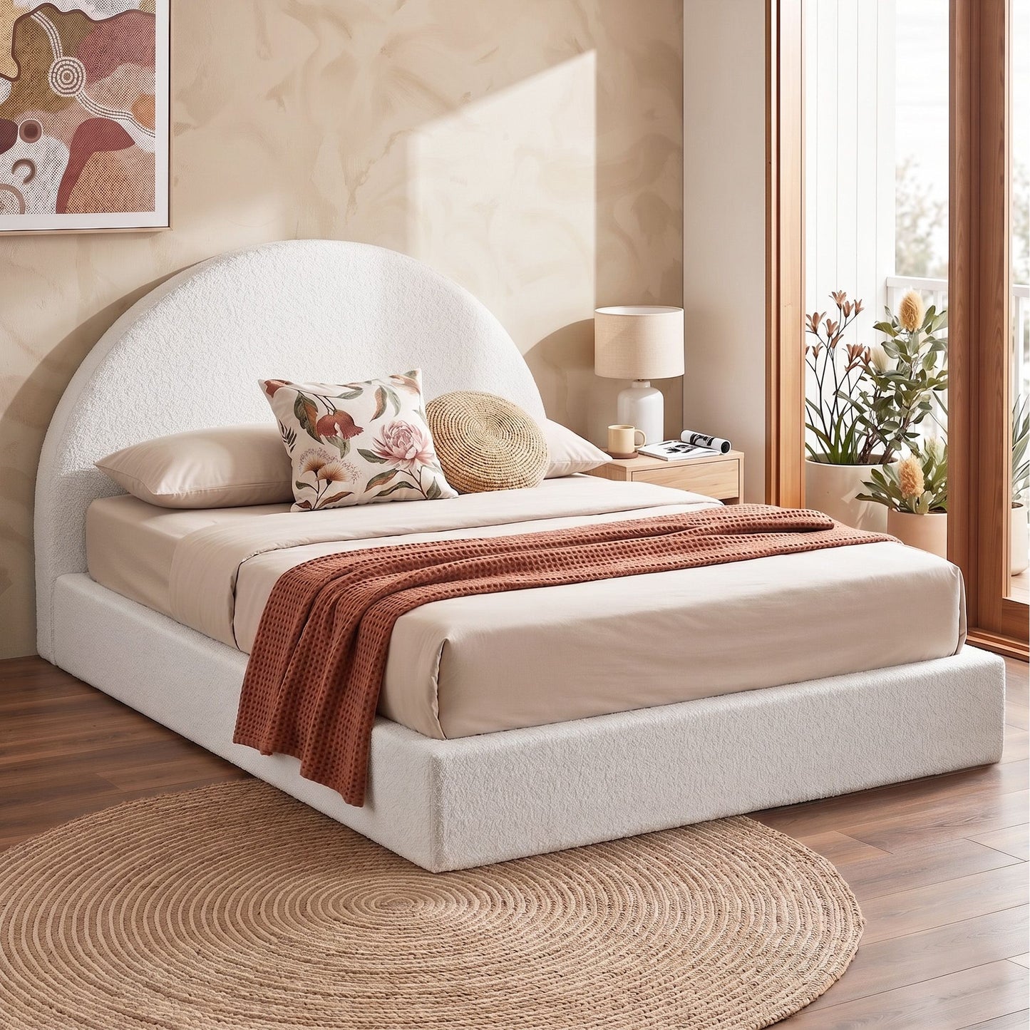 Beige bedroom with a bed, pillows, and a lamp.
