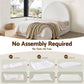 Bedroom with a bed and blanket, featuring text 'No Assembly Required' and assembly steps.