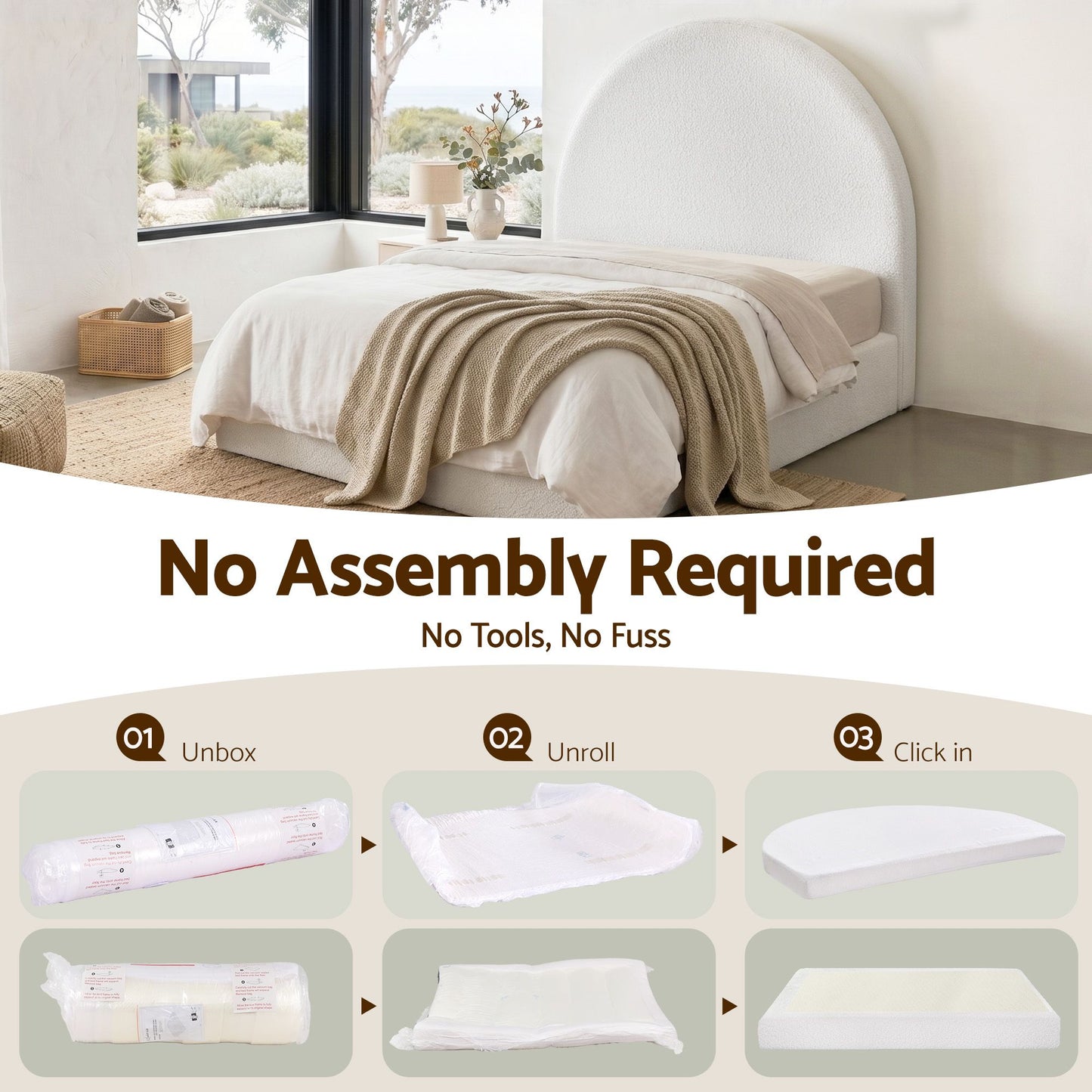 Bedroom with a bed and blanket, featuring text 'No Assembly Required' and assembly steps.