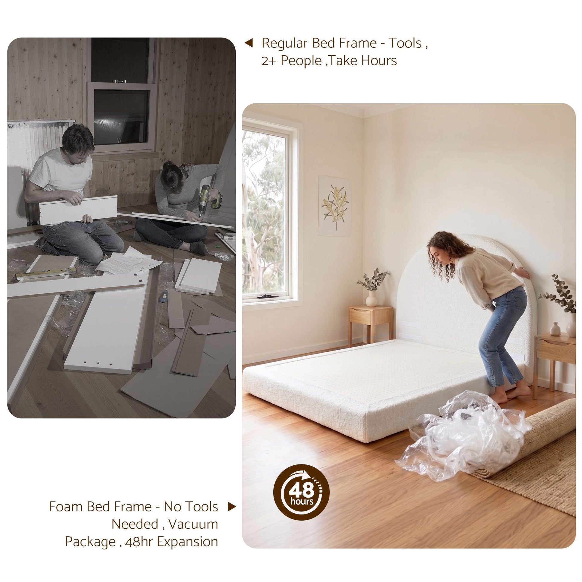 Comparison of setting up a regular bed frame vs. a foam bed frame with text and images.