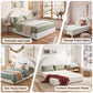 Collage of a white bed in different room settings with text labels.