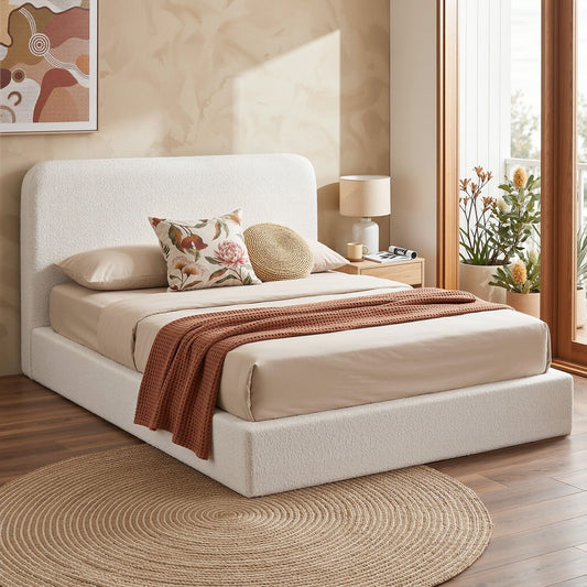 Elyra Bed Frame Boucle Fabric Vacuum Compressed Beds Removable Washable Cover - White Queen