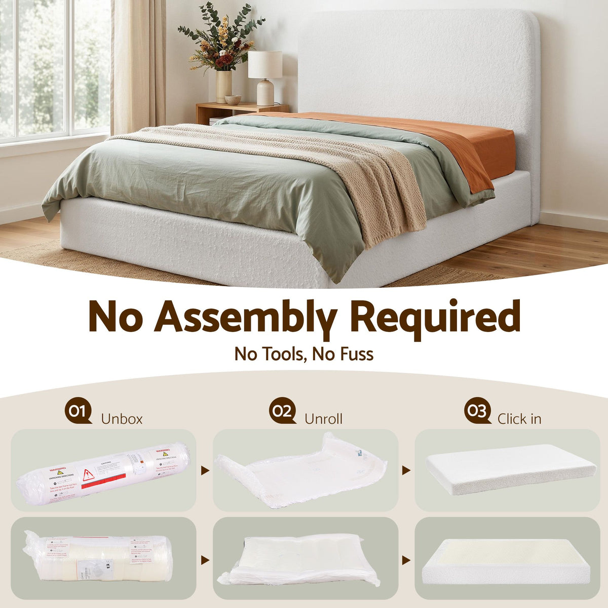 Elyra Bed Frame Boucle Fabric Vacuum Compressed Beds Removable Washable Cover - White Queen