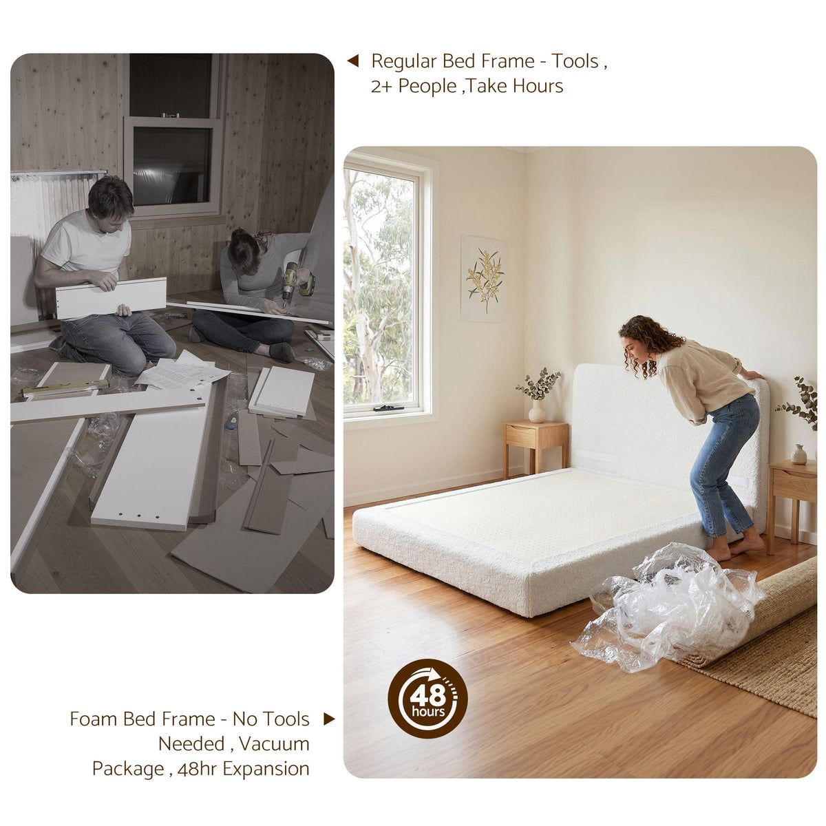 Elyra Bed Frame Boucle Fabric Vacuum Compressed Beds Removable Washable Cover - White Queen