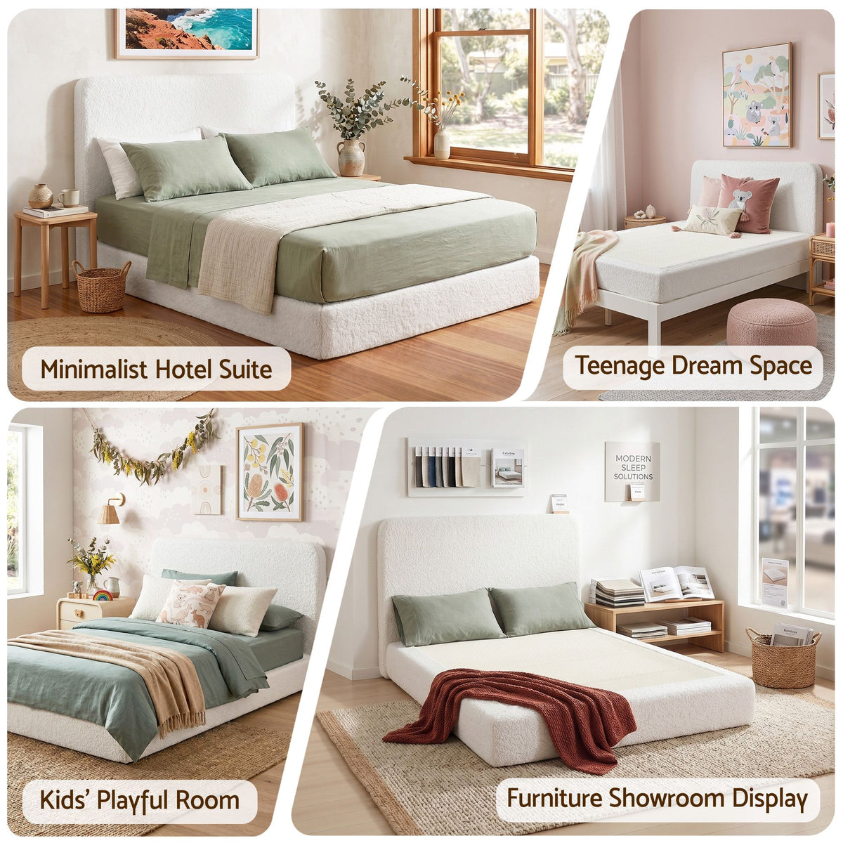 Elyra Bed Frame Boucle Fabric Vacuum Compressed Beds Removable Washable Cover - White Queen