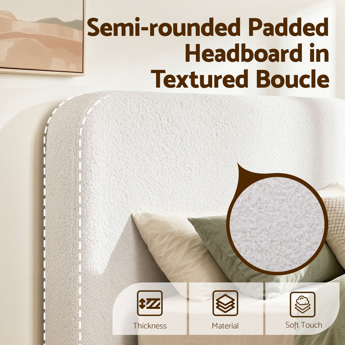 Elyra Bed Frame Boucle Fabric Vacuum Compressed Beds Removable Washable Cover - White Queen