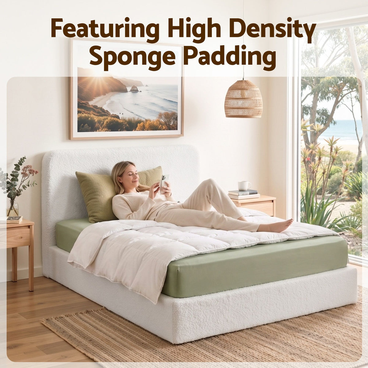 Elyra Bed Frame Boucle Fabric Vacuum Compressed Beds Removable Washable Cover - White Queen